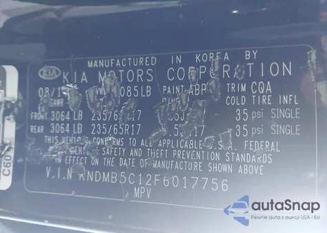 2015 Kia Sedona Lx from USA, damaged, VIN KNDMB5C12F6017756